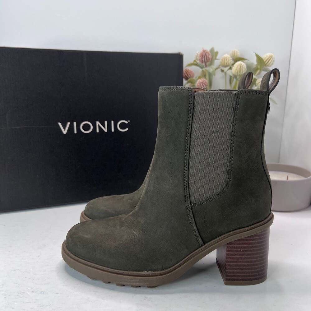 Vionic Truckee Leather Ankle Boots Dark Khaki Green J0721L2300 Women's 6.5M NWB